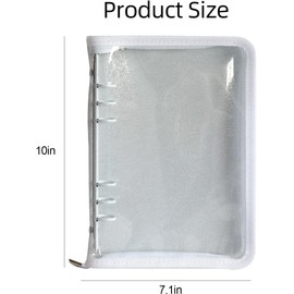 A5 Binder Pocket PVC Cover Notebook Shell with Zipper, Waterproof Sparkling A5 6 Ring Loose Leaf Binder Wallet for Cash Budget System, Journaling, Planner (10'' x 7'', White)