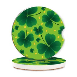 Green Lucky Clover Car Cup Holder Coaster,St. Patrick Day Car Coasters for Cup Holder,2 PCS Absorbent Insert Ceramic Car Assecories with Cork Back & Finger Notch for Women Men