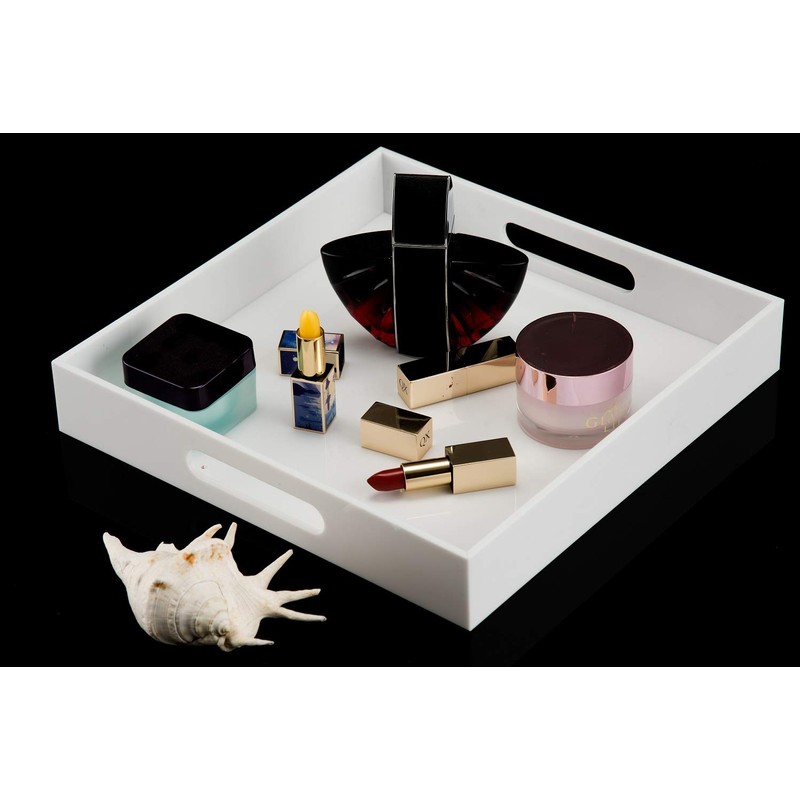 KEVLANG Glossy White Sturdy Acrylic Serving Tray with Handles-10x10Inch-Serving Coffee,Appetizer,Breakfast,Butler-Kitchen