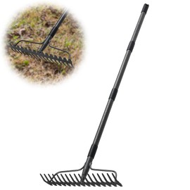Garden Rake, 6FT Bow Rake Heavy Duty Leveling Rake with Adjustable Handle, 17 Tines Wide Head Metal Thatch Rake for Gardening Leaves Lawn Yard Mulch Rake