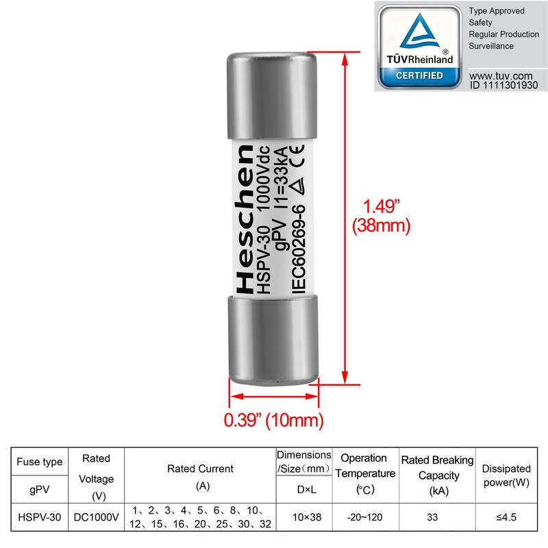 Heschen Solar DC1000V PV Fuse, Photovoltaic Fuse, gPV Type Fuse