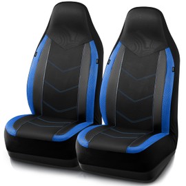 PIC AUTO Leather Car Seat Covers, Sports Carbon Fiber & Mesh Design, High-Back Two Front Set, Waterproof Automotive Seat Covers, Airbag Compatible, Universal Fit for Most Cars (Black & Blue)