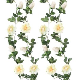 Felice Arts - Paquete de 2 guirnaldas de flores de champaña cada una de 6.5 pies, color beige, guirnalda de rosas falsas para colgar en la pared, para fiestas, arreglos de mesa, decoración de coronas