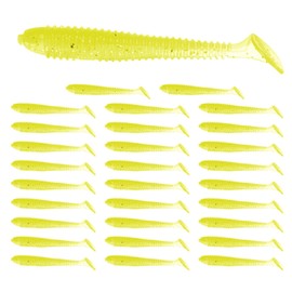 TIXIPEM 2.56" T-Tail Soft Fishing Lures [30-Pack] - Paddle Tail Swim Bait for Bass Trout in Saltwater & Freshwater - Rigged with 2 & 1/0 Hooks - Yellow & Durable ABS Plastic