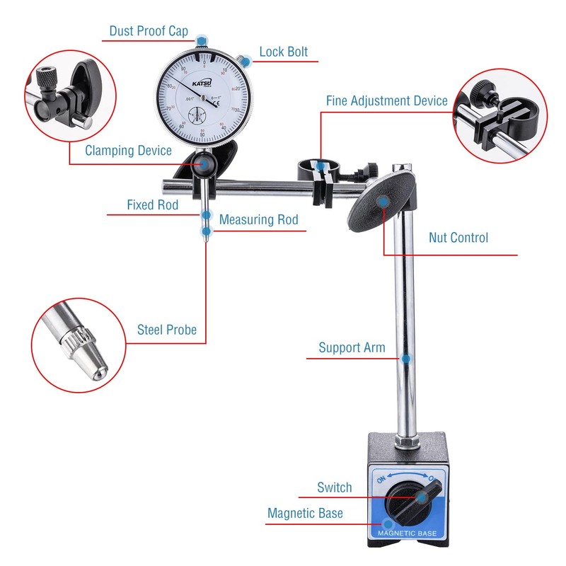 KATSU Tools Dial Indicator with Magnetic Base 0-1.0" Tester Gauge