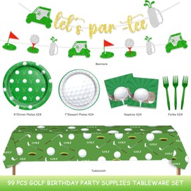 Hombae Golf Birthday Supplies Tableware Set, Let's Par Tee Birthday Party Decorations, Golf Sport Themed Party Supplies Glitter Banner Tablecloth Plates Napkins Forks Serve 24 Guests Green White