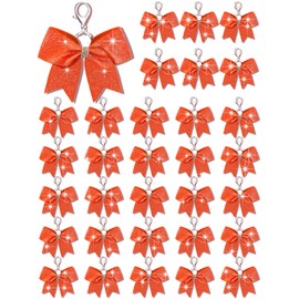 Tondiamo Cheer Bow Keychain Cheer Keychain with Rhinestones Cheerleader Keyrings for Teen Cheerleading Sports Accessory(Glitter Orange,32 Pcs)