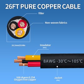8 Gauge 3 Conductor Electrical Wire 8/3 Wire 26FT 600V 8 AWG 3 Wire Cable for Motor Leads, Portable Lights, Battery Chargers, Machinery, Large Speakers, Etc (8AWG-3C, 26FT)