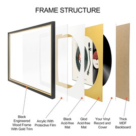 FramePro Record Frame with 2 Double Sided Mats (White over Gold), Jukebox Record Album Frames for 12x12 LP Covers, Vinyl Record Display, Black Picture Frame with Gold Trim, Pack of 2