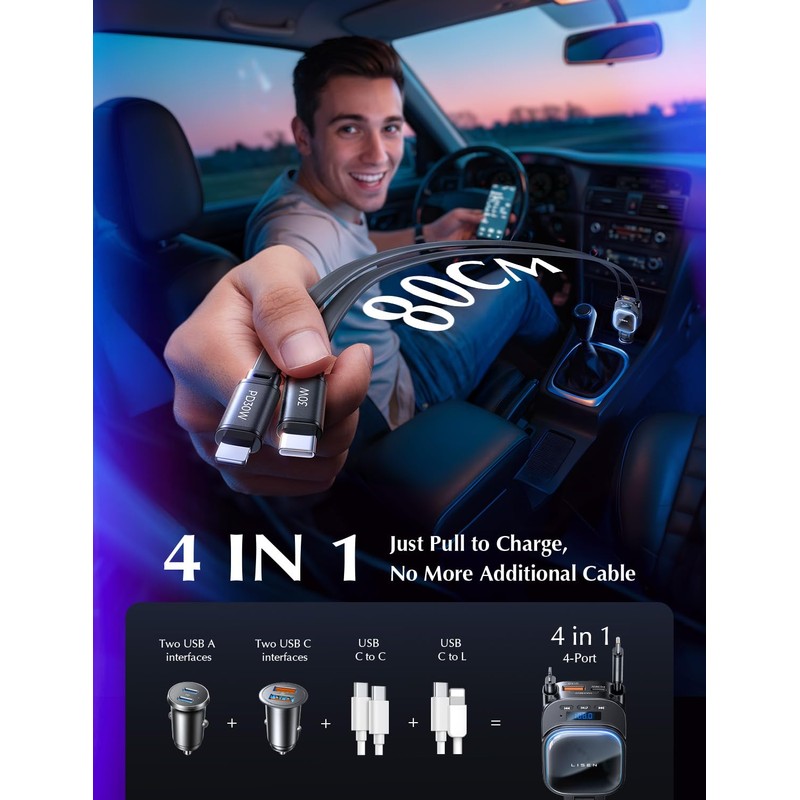 LISEN 2025 Bluetooth 5.3 FM Transmitter Car Adapter 96W 4