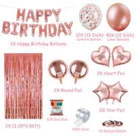 (Upgraded)Birthday Decorations, 79 PCS Rose Gold Birthday Party Decorations Party Supplies Confetti Balloons with Happy Birthday Banner Foil Fringe Curtains for Woman Mom Girl 16th 18th 21st 30th 50th