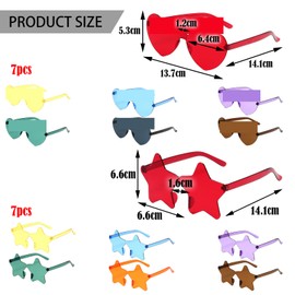 JSTHHTT 14 PCS Party Glasses, Heart Shaped Sunglasses Rimless Heart Sunglasses Love Heart Sunglasses Heart-shaped Star Sunglasses Festival Glasses for Adults and Kids