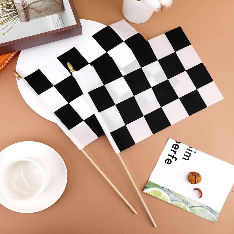 12pcs Racing Flags, 8x5.5in Small Mini Race Checkered on Sticks