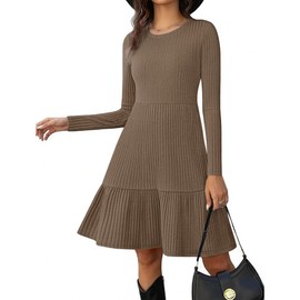 Zeagoo Womens Long Sleeve Knit Dress Brown Round Neck Rib Knit Tshirt Dresses Womens Sweater Dresses Fashion Casual Knee Length Dress for Fall 2025 L