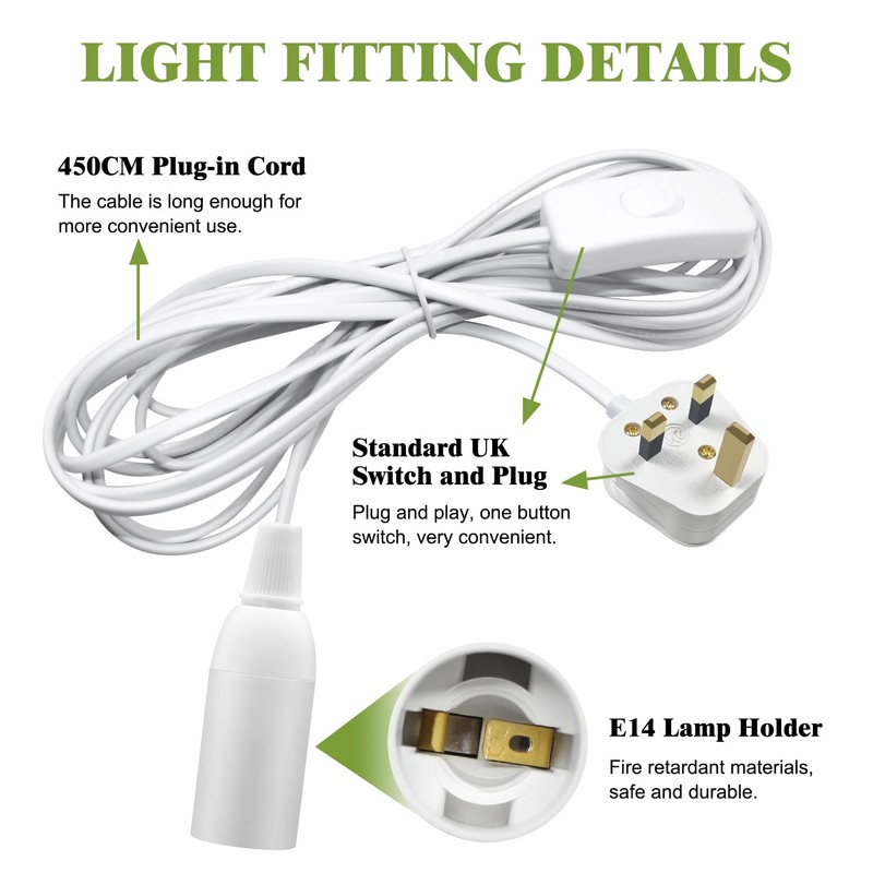 Pendant Light Ceiling Lighting Fitting, 4.5 M White plug in