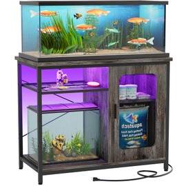 Unikito 20-29 Gallon Fish Tank Stand with Outlets and LED Light, Reversible Metal Aquarium Stands with Cabinet for Fish Tank Accessories Storage, Suitable for Reptile Terrarium, Turtle Tanks