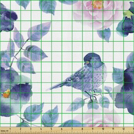 Lunarable Floral Fabric by The Yard, Watercolor Flower Petals and Bird Summer Spring Themed Art, Decorative Fabric for Upholstery and Home Accents, 10 Yards, Blue Petrol
