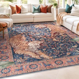 Well Woven Apollo Botanical Tiger Navy Washable Rug – Dining Room & Bedroom, 7'10" x 9'10", Durable