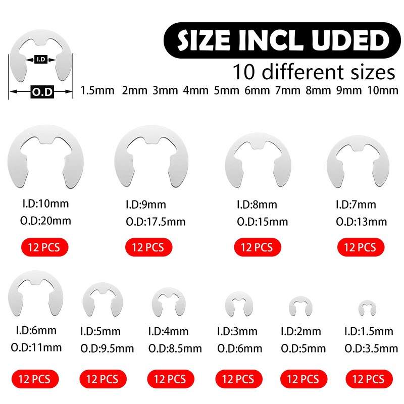 Jesustree Stainless Steel E-Clip External Retaining Ring Snap Circlip Assortment