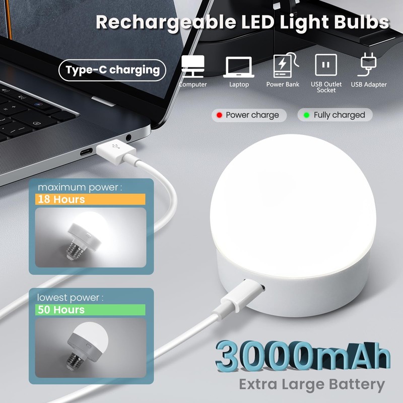 Rechargeable Battery Operated Light Bulb with Remote, Last 18-50 Hours