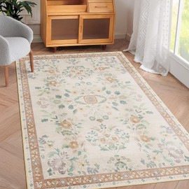 MUJOO 3x5 Rug Washable,Floral Area Rugs for Bedroom Bedside Entryway Living Room Kitchen,Floral Boho Small Indoor Floor Rug Non Slip Throw Carpet Low Pile Vintage Beige