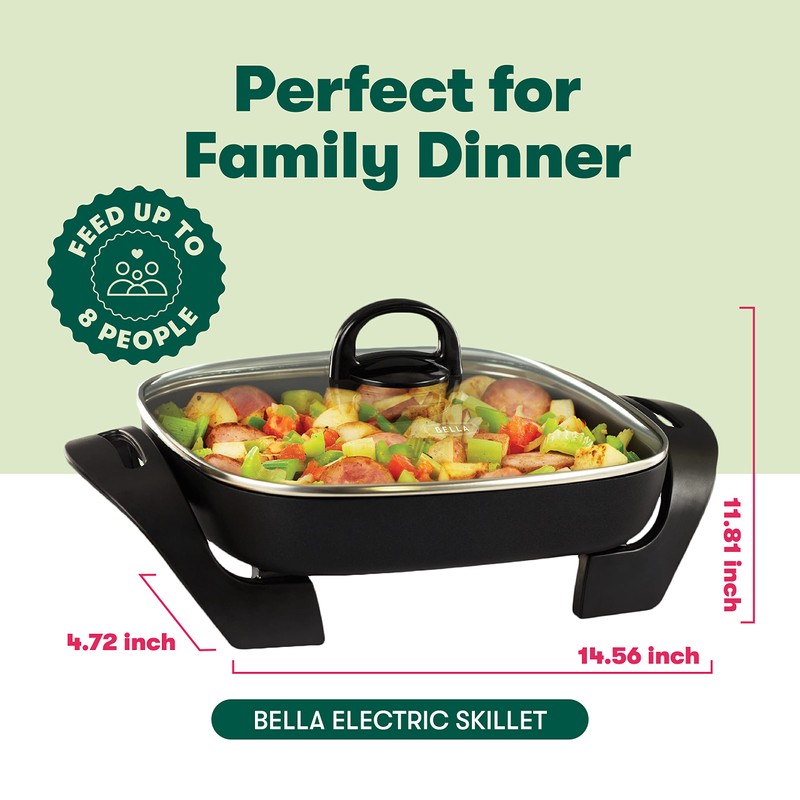 bella Electric Skillet and Frying Pan with Glass Lid, Nonstick