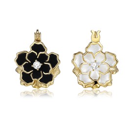 ‌14K Gold Floral Hoop Earrings for Women White Black Dual Side Dainty Flower Design with CZ Stones Sparkly Elegant Jewelry Gift