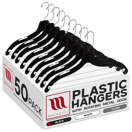 Mainetti 5400 Black Plastic Hangers - 50 Pack with 360 Swivel Metal Hook and Notches for Straps, Great for Shirts/Tops/Dresses/Jackets, 17-Inch