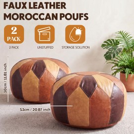 Gerrii 2 Pcs Unstuffed Moroccan Faux Leather Pouf Ottoman with Storage Round Boho Floor Pouf Foot Stool Decorative Ottoman Cushion for Living Room Bedroom Patio(Moroccan,Tricolor)