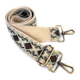 VersaKits Purse Strap Replacement Crossbody 2 Inch Wide Coffee Brown Light Green Khaki Diamond Jacquard Weave with Brass Hooks Ethnic Guitar Style Adjustable Canvas Straps