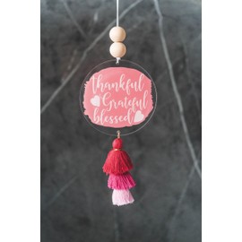 Boodig Car Ornament & Inspirational Positive Quote Beaded Rear View Mirror Accessories, Christmas Tree Decor, Hanging Ornament, Wall Decor with Tassel, Thankful Grateful Blessed (Fuchsia)