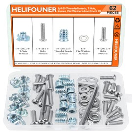 HELIFOUNER 1/4"-20 Threaded Inserts for Wood Furniture, T Nuts, 1/4-20 x 3/4", 1" Button Head Socket Cap Screws, Flat Washers Assortment Kit, 62 Pieces