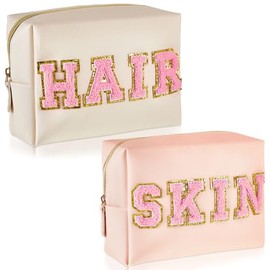 Patelai 2 Bolsas de Maquillaje de Preppy Bolso con Parche de Letras de Chenilla Bolsa de Cosméticos Estética de Face Skin Hair Stuff Bolsa con Cremall