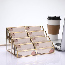 Hipiwe Mirrored Glass Business Card Holder Gold Business Card Display Stand for Desk Multiple Clear Business Card Holder Display for Office Desktop Cards Display Stand for Women Men, 8 Slots