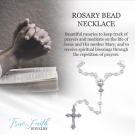 True Faith Jewelry Pearl Rosary Prayer Beads Necklace with Jesus’ Crucifix Cross and Chalice, 26-Inch