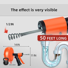 50FT Drain Snake Auger [2.0]- AUTO FEED- Flexible & Powerful Snake Drain Hair Remover Tool, for Kitchen, Shower & All Drains - Manual or Drill-Powered with Gloves, Storage Bag