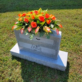 Cemetery Saddle Memorial Decoration - Realistic Silk Faux Floral Artificial Grave Flowers - Orange Roses and Calla Lilies for Headstone Decorating