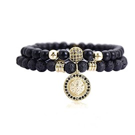 Lisandra Scott Double Bracelet Made of Volcanic Rock with Lion Head and Natural Stone Beads for Men Made of Stainless Steel I Bracelet Adjustable with Lion and Beads Bracelets Men Jewellery, Stainless