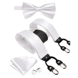 Hi-Tie Men Suspender Bowtie Set Suspenders Pre-tied Bow Tie Pocket Square Cufflinks Adjustable Y Shape 6 Clips Braces Tuxedo,White