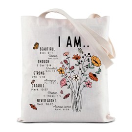 JYTAPP Christian Gifts for Women Bible Verse Tote Bag Religious Faith Gift I Am Beautiful Wildflower Inspirational Quotes (beige)