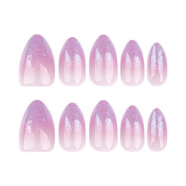 Ombre Press on Nails Short Almond Fake Nails Purple False Nails Press ons with Designs Glitter Acrylic Glossy Full Cover Glue on Nails Cute Artificial Stick on Nails for Women Manicure 24 Pcs