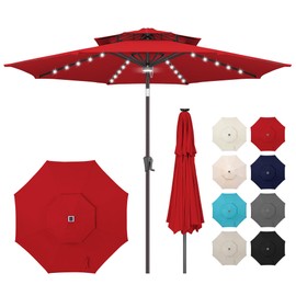 Ackmizz 9ft Solar Umbrella Outdoor - Double Top Lighted Patio Umbrella with 40 LED Lights Waterprool Uv Protection, Table Umbrella with Tilt & Crank for Pool, Porch, Garden, Backyard(Red)