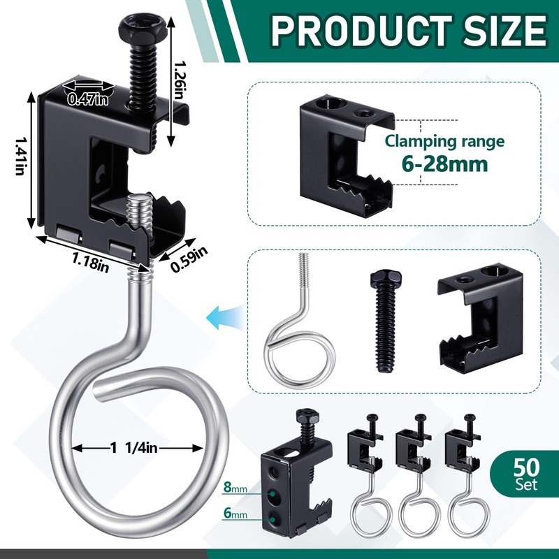 Tandefio 50 Set 1/4"-20 Spring Steel Beam Clamps Metal Beam