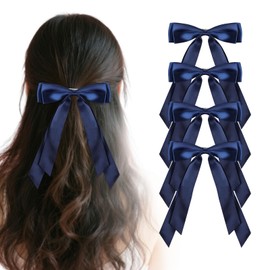 4PCS Silky Pink Hair Bow, Ribbon Hair Bows for Girls Women with Long Tails, Satin Clips Ties Pink Solid Satin Polyester Ponytail Holder Decor Accessories for Girls Women Daily and Party Wear, Blue