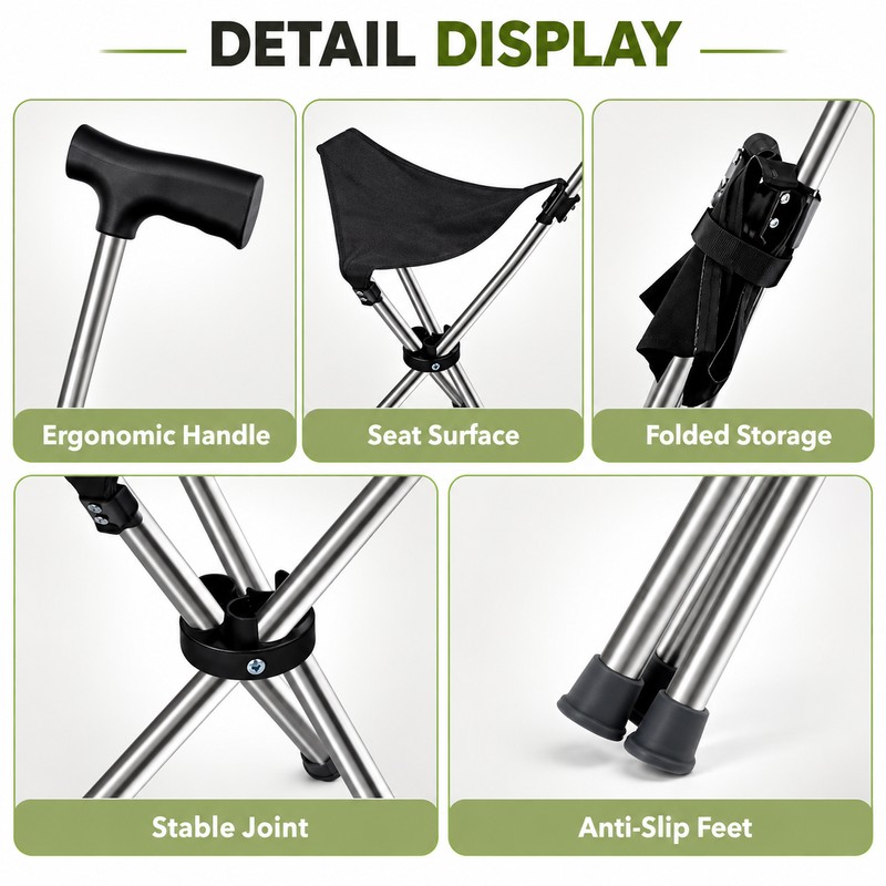 2-in-1 Folding Cane Chair for Walking and Resting – Portable