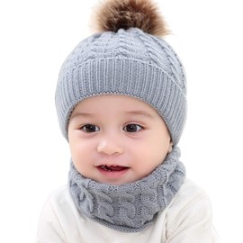 2PCS Toddler Baby Knit Hat Scarf Neckwarmer Winter Warm Beanie Hat Ski Cap (Grey)