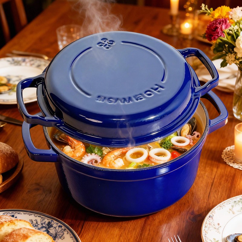 5Qt Enameled Blue Cast Iron With Double Handle Pot Lid