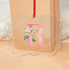 2022 Pink Monogram Initial Letter R Acrylic Hanging Ornaments Greenery Shrubs Plants Christmas Bauble Flowers Pattern White Green Keepsake Collectible Gift Tree Decoration Stocking Name Tag