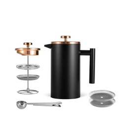 Meelio Black French Press Coffee Maker 12oz, Stainless Steel Double Wall Insulated Coffee Press with Rose Gold Metal Lid, Included 2 Extra Screens and 1 Coffee Spoon, 350ml
