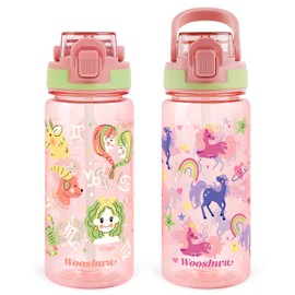 omedecal Children's Water Bottle with Straw, Leak-Proof, Water Bottle for Boys and Girls, for Sports & School, 600 ml, BPA-Free, Carry Handle, Dishwasher Safe, Unicorn & Zodiac Signs, Pack of 2